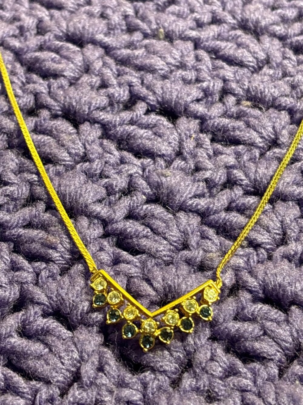 Vintage Goldtone Herringbone Chain Necklace Clear Blue Rhinestone V Spring Ring